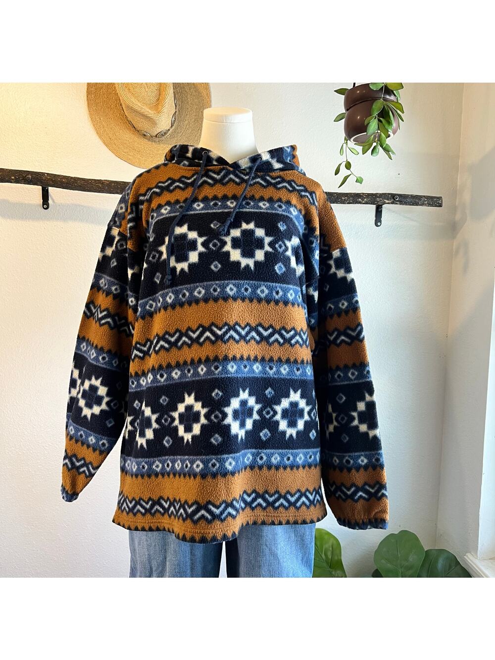 90s Santana Fleece Southwestern Print Hooded Pullover Sweatshirt Size Large
